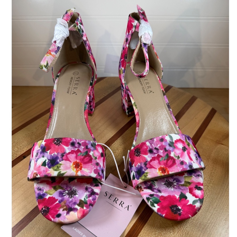 Serra Womens Pink Floral Block Heel Sandals Memory Foam Ankle Strap Size 8.5 NEW